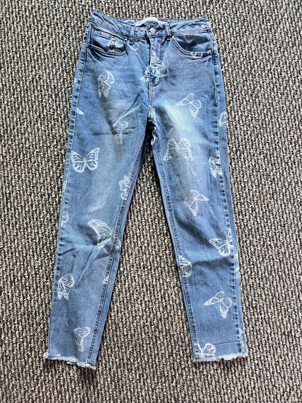 Tinseltown Blue Slim Straight Jeans with White Butterfly Print